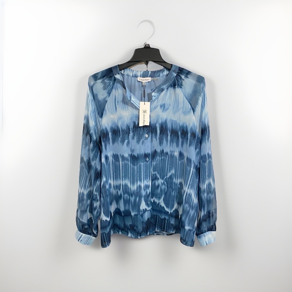 Calvin Klein Women's M Blue Tie-Dye Chiffon Collared Button Front Blouse